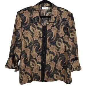 Vintage black/brown paisley 3/4 sleeve shirt top Women's fits large academia